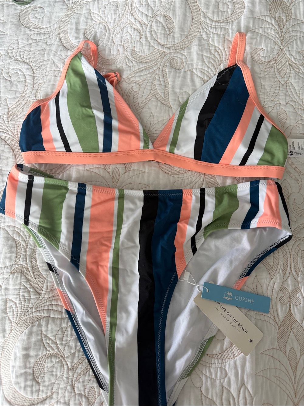 Cupshe Peach Trim Multi-Color Vertical Stripe Triangle Bikini